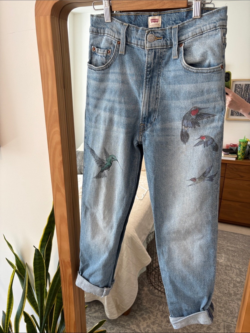Levi's Light Blue Denim Jeans with custom Hummingbird design